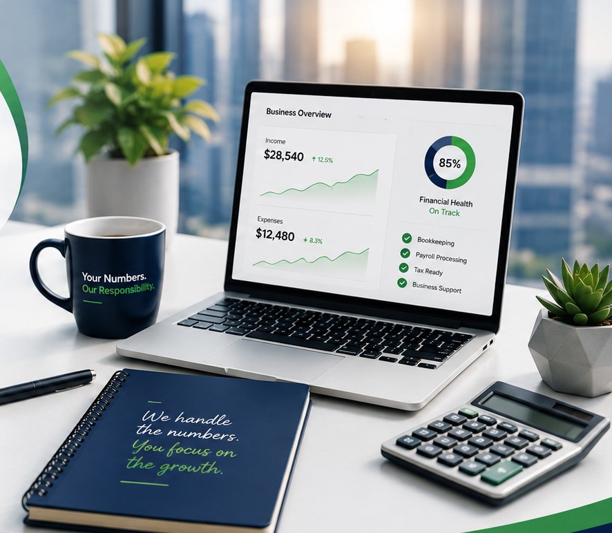 Organized desk with financial dashboard, notebook and calculator