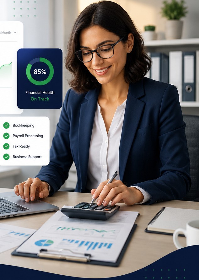 Bookkeeper reviewing a financial dashboard showing income, expenses and financial health on track